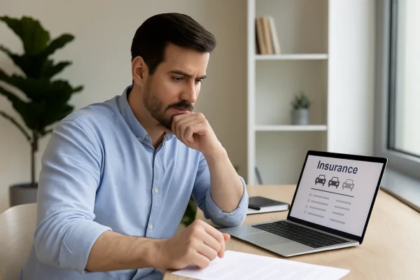 Bărbat analizând polița RCA online pe laptop, într-un birou luminos și modern